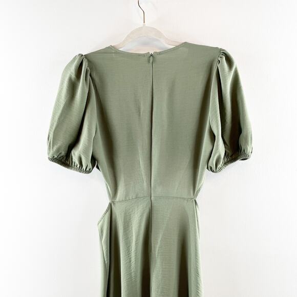 Zara Short Puff Sleeve Round Neck Cut Out A-Line Midi Dress Green Small - Picture 10 of 10